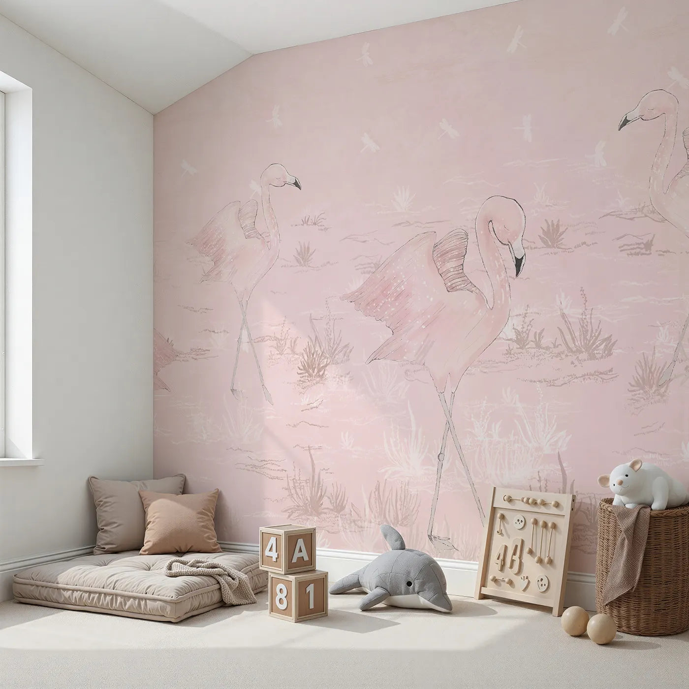 Angled view of Whimsy Tots' Pink Flamingo March Wall Mural (Turn Their Room into a Gentle, Artistic Parade).Best for Girls