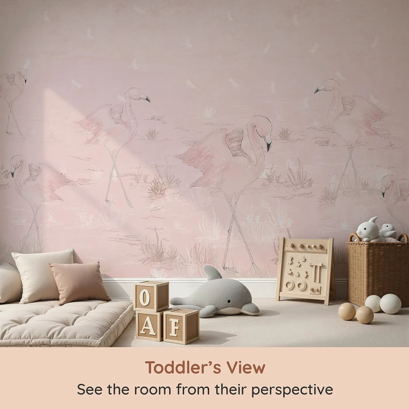 Whimsy Tots Pink Flamingo March Wall Mural (Turn Their Room into a Gentle, Artistic Parade) from your child's view.Best for Girls