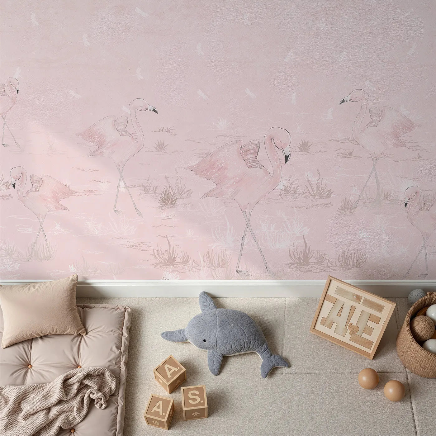 Top-down view of Whimsy Tots' Pink Flamingo March Wall Mural (Turn Their Room into a Gentle, Artistic Parade).Best for Girls