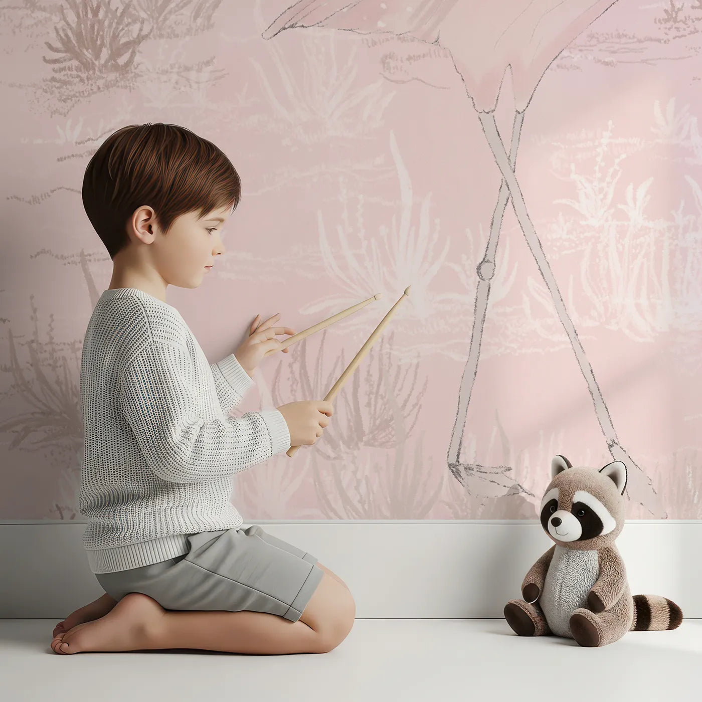 Child in front of Whimsy Tots Pink Flamingo March Wall Mural with flamingo, pink, painterly, abstract, bird, romantic, dragonfly, soft in design.