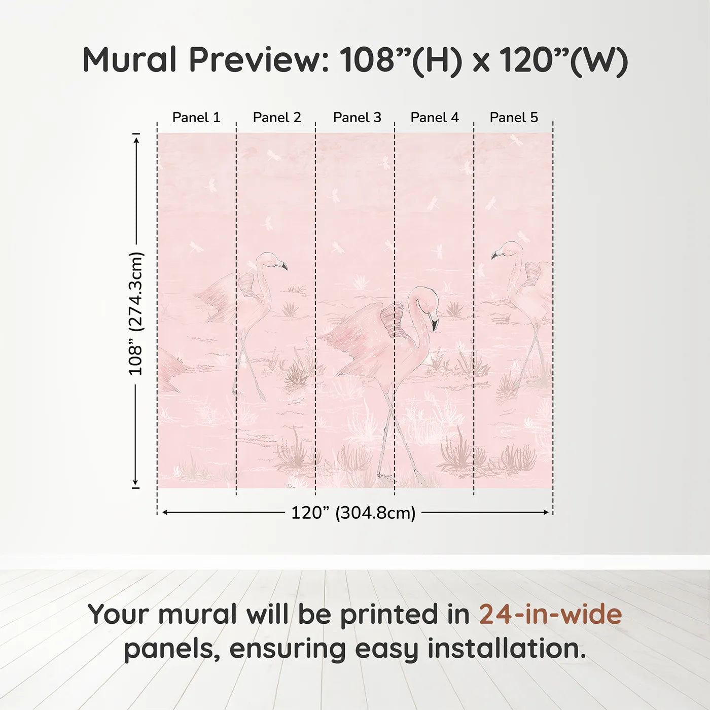 Whimsy Tots Pink Flamingo March Wall Muraldimension view (108" H x 120" W). Printed in five 24-inch-wide panels. Best for Girls