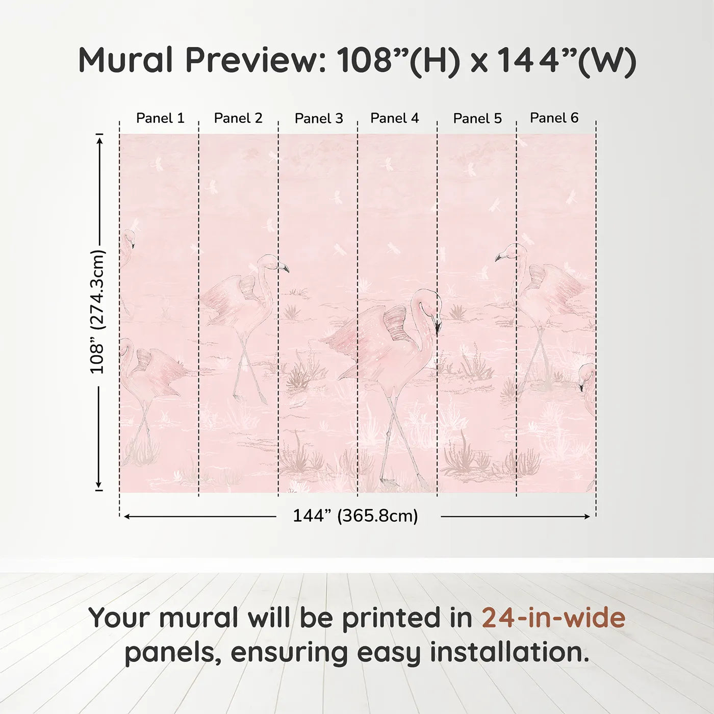 Whimsy Tots Pink Flamingo March Wall Muraldimension view (108" H x 144" W). Printed in six 24-inch-wide panels. Best for Girls