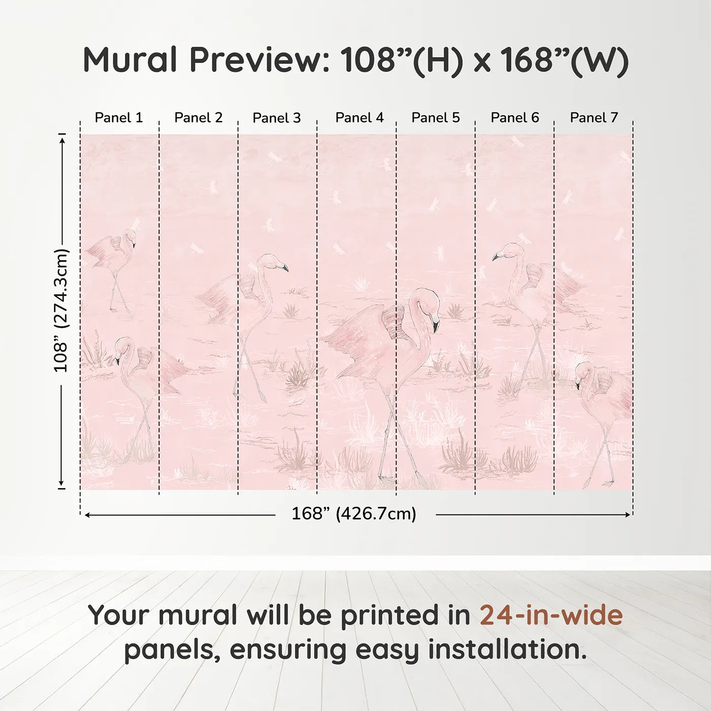 Whimsy Tots Pink Flamingo March Wall Muraldimension view (108" H x 168" W). Printed in seven 24-inch-wide panels. Best for Girls
