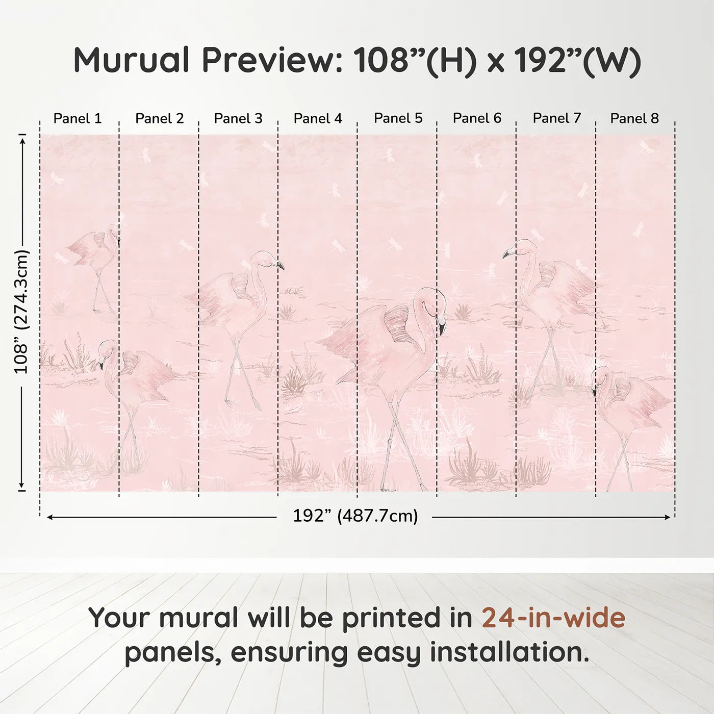 Whimsy Tots Pink Flamingo March Wall Muraldimension view (108" H x 192" W). Printed in eight 24-inch-wide panels. Best for Girls