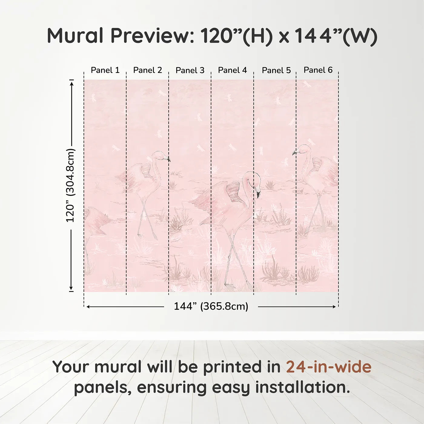 Whimsy Tots Pink Flamingo March Wall Muraldimension view (120" H x 144" W). Printed in six 24-inch-wide panels. Best for Girls