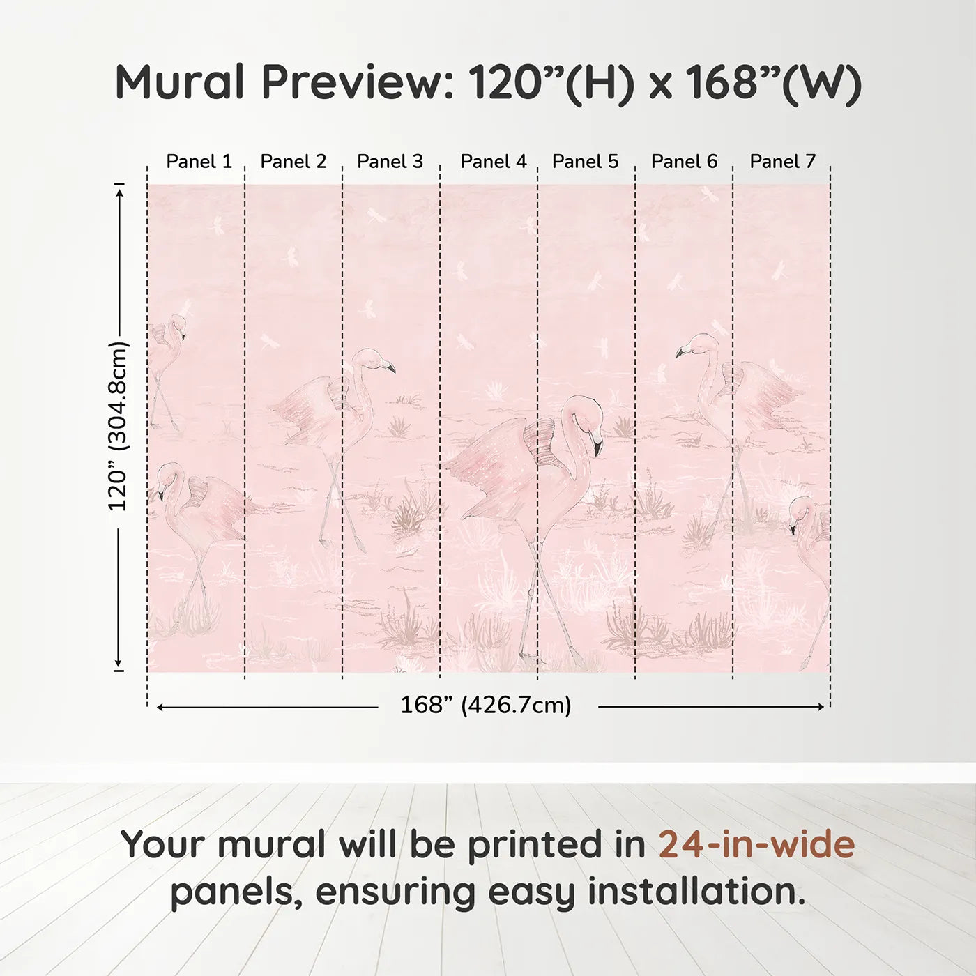 Whimsy Tots Pink Flamingo March Wall Muraldimension view (120" H x 168" W). Printed in seven 24-inch-wide panels. Best for Girls