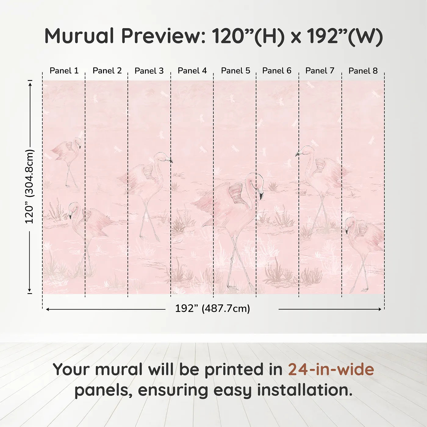 Whimsy Tots Pink Flamingo March Wall Muraldimension view (120" H x 192" W). Printed in eight 24-inch-wide panels. Best for Girls