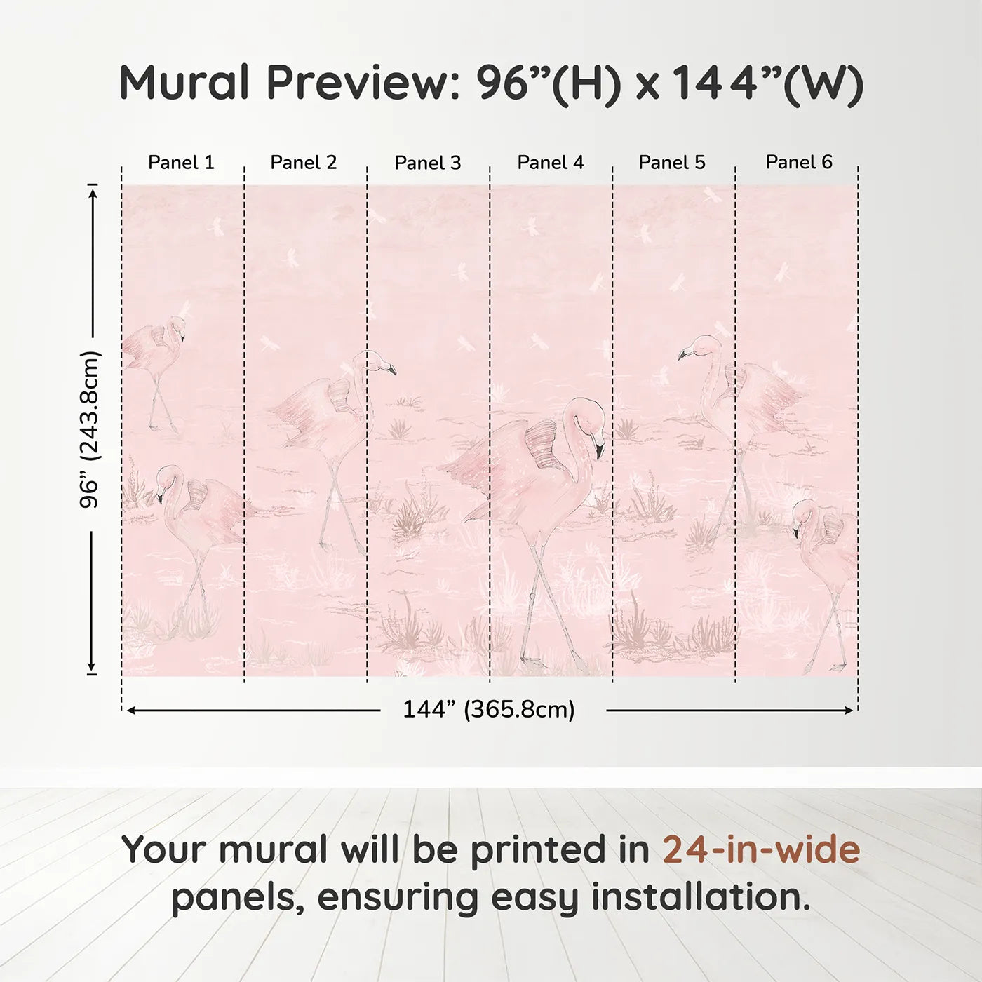 Whimsy Tots Pink Flamingo March Wall Muraldimension view (96" H x 144" W). Printed in six 24-inch-wide panels. Best for Girls