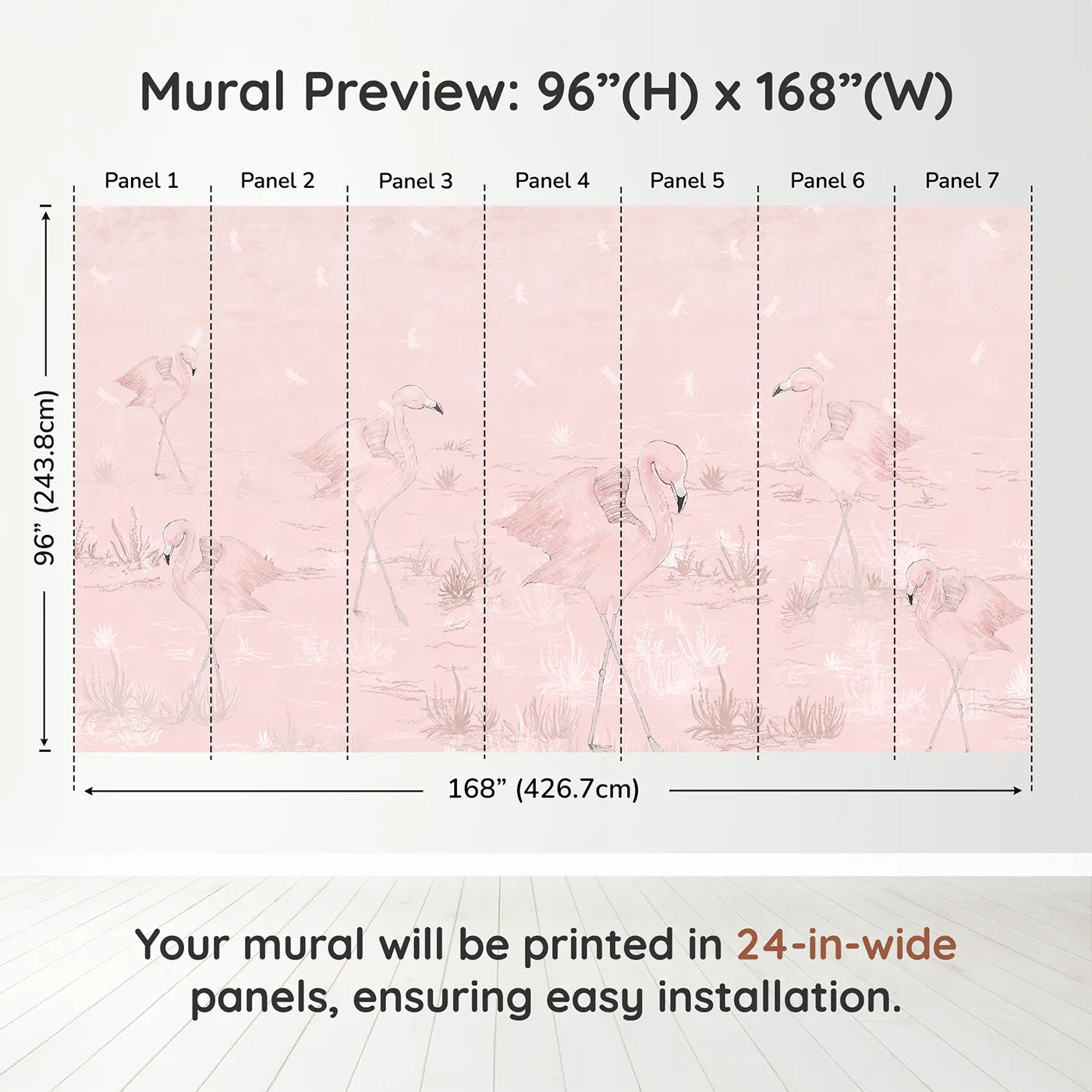Whimsy Tots Pink Flamingo March Wall Muraldimension view (96" H x 168" W). Printed in seven 24-inch-wide panels. Best for Girls
