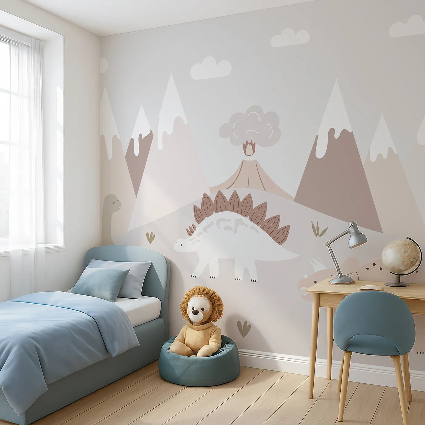 Angled view of Whimsy Tots' Neutral Dinosaur Valley Wall Mural (Turn Their Room into a Calm and Gentle Prehistoric World).Gender-Neutral