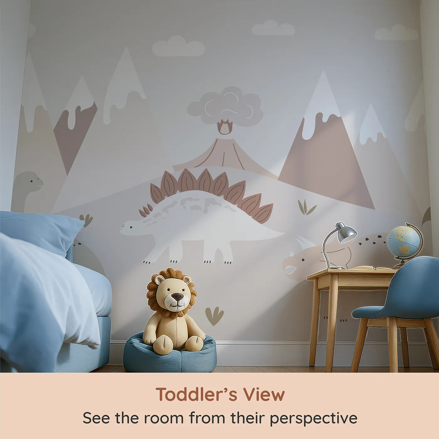 Whimsy Tots Neutral Dinosaur Valley Wall Mural (Turn Their Room into a Calm and Gentle Prehistoric World) from your child's view.Gender-Neutral