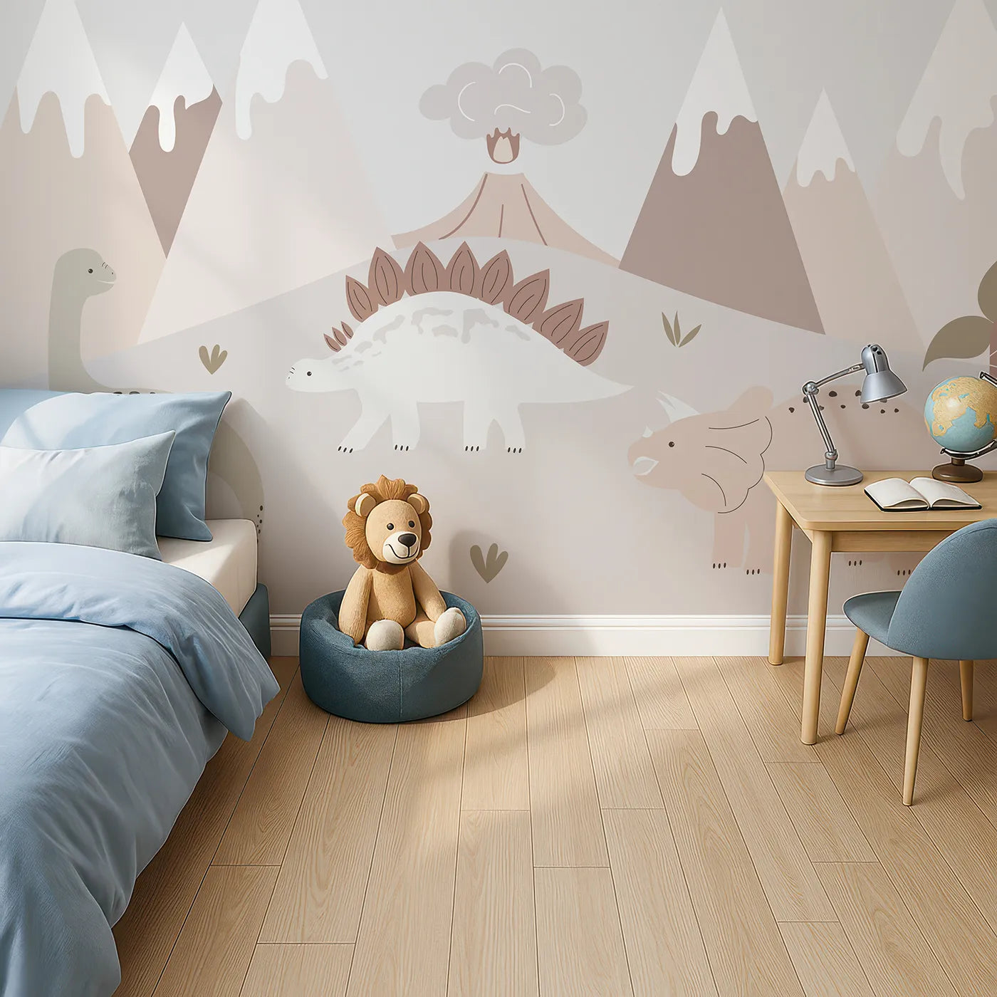 Top-down view of Whimsy Tots' Neutral Dinosaur Valley Wall Mural (Turn Their Room into a Calm and Gentle Prehistoric World).Gender-Neutral