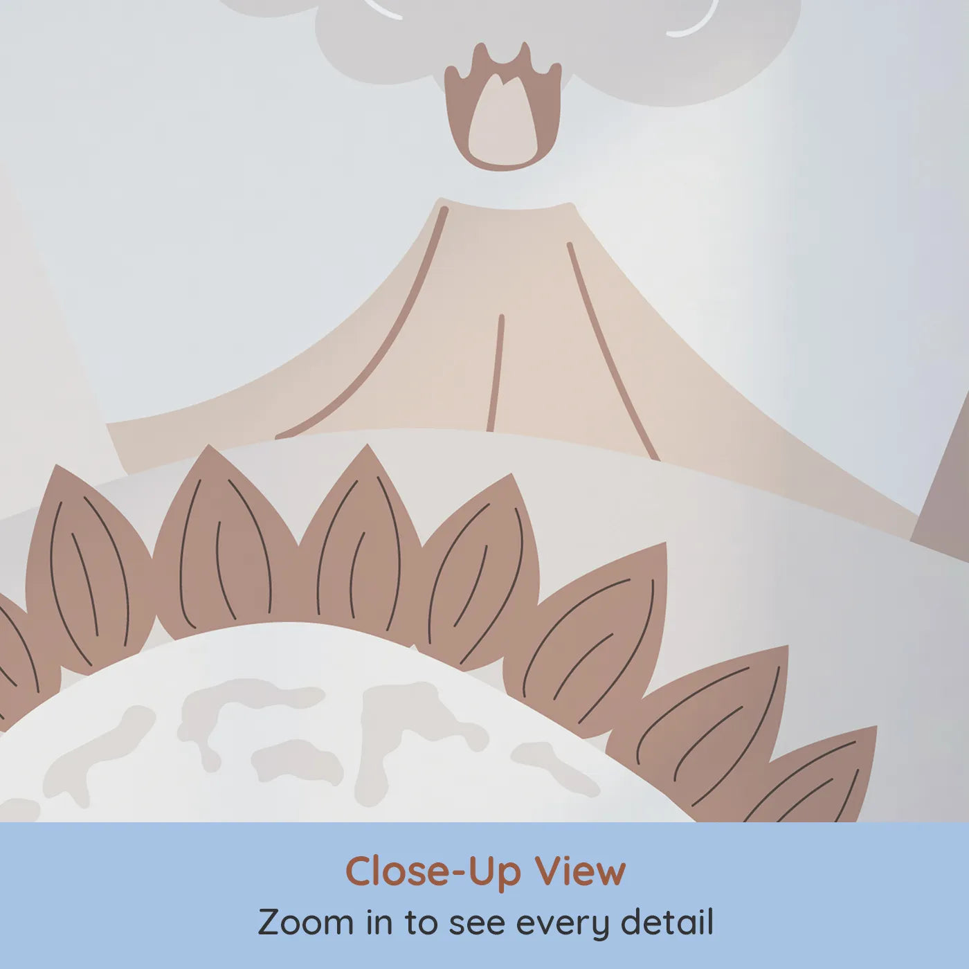 Close-up view of Whimsy Tots' Neutral Dinosaur Valley Wall Mural (Turn Their Room into a Calm and Gentle Prehistoric World).Gender-Neutral