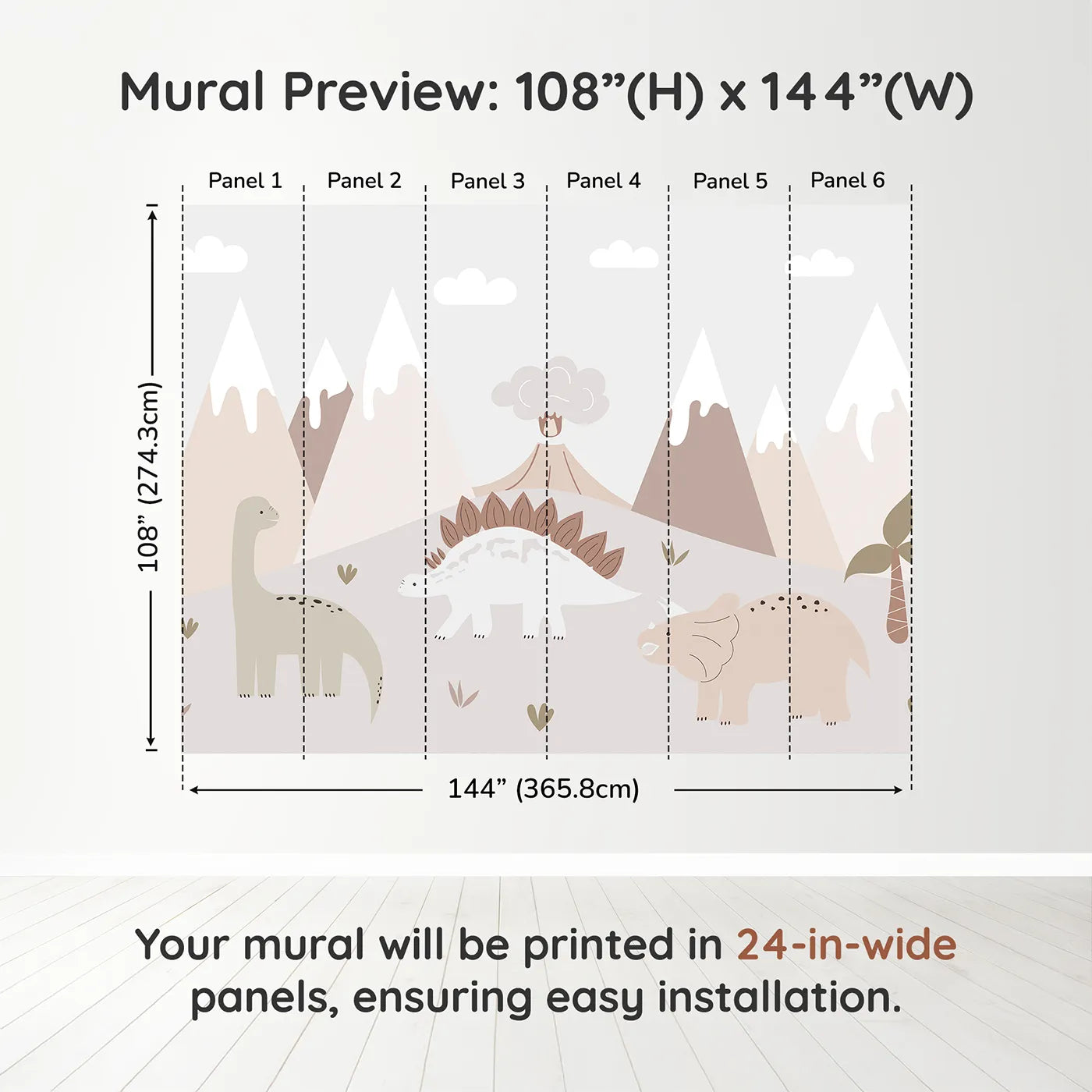Whimsy Tots Neutral Dinosaur Valley Wall Muraldimension view (108" H x 144" W). Printed in six 24-inch-wide panels. Gender-Neutral