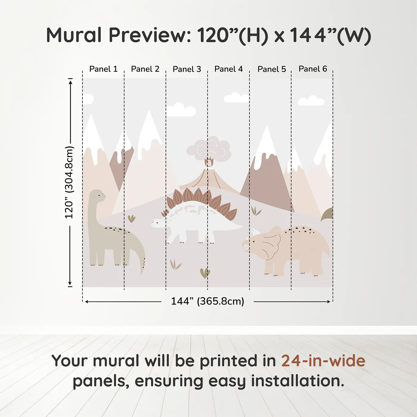 Whimsy Tots Neutral Dinosaur Valley Wall Muraldimension view (120" H x 144" W). Printed in six 24-inch-wide panels. Gender-Neutral