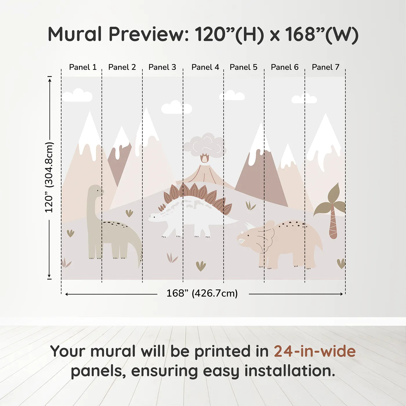 Whimsy Tots Neutral Dinosaur Valley Wall Muraldimension view (120" H x 168" W). Printed in seven 24-inch-wide panels. Gender-Neutral