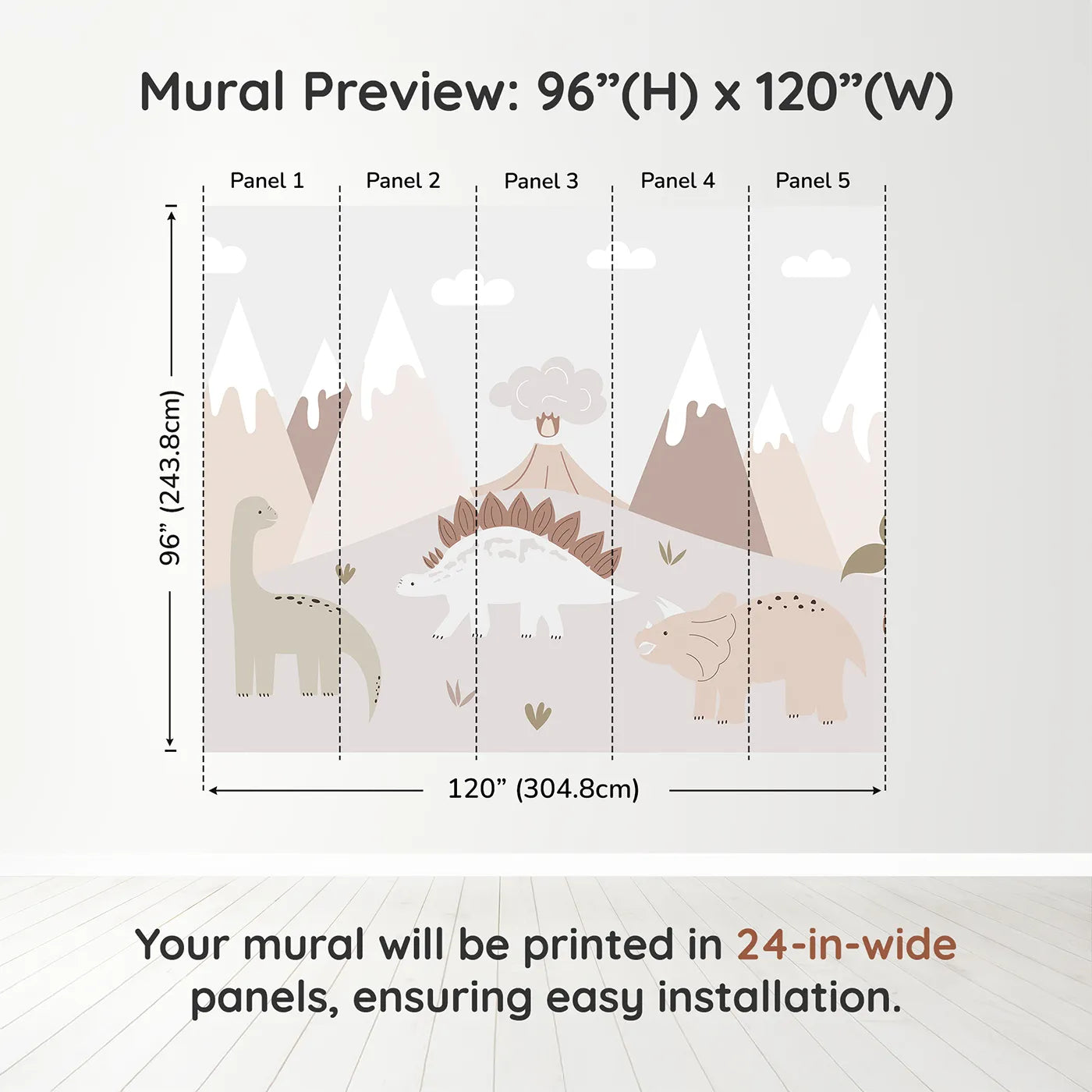 Whimsy Tots Neutral Dinosaur Valley Wall Muraldimension view (96" H x 120" W). Printed in five 24-inch-wide panels. Gender-Neutral