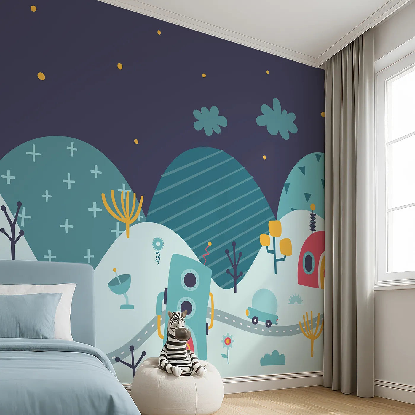 Angled view of Whimsy Tots' Robot City Wall Mural (Turn Their Room into a Quirky, Futuristic Metropolis).Gender-Neutral