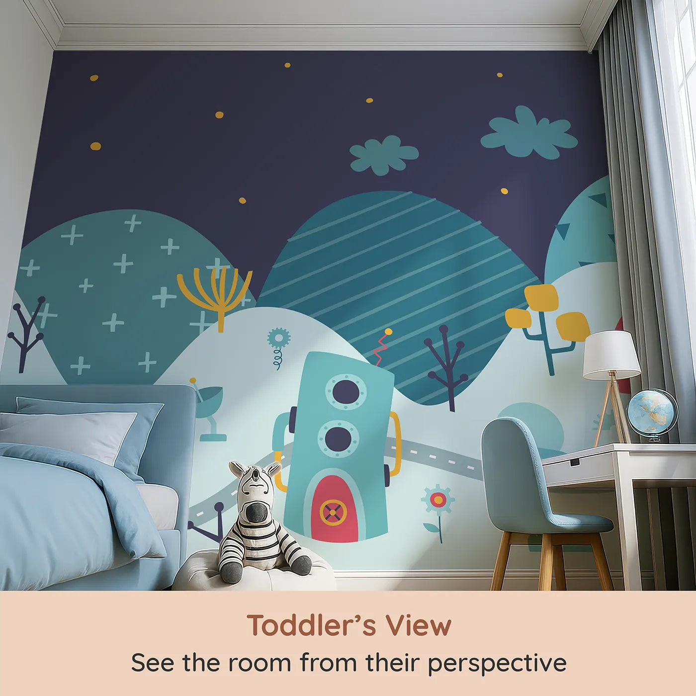 Whimsy Tots Robot City Wall Mural (Turn Their Room into a Quirky, Futuristic Metropolis) from your child's view.Gender-Neutral