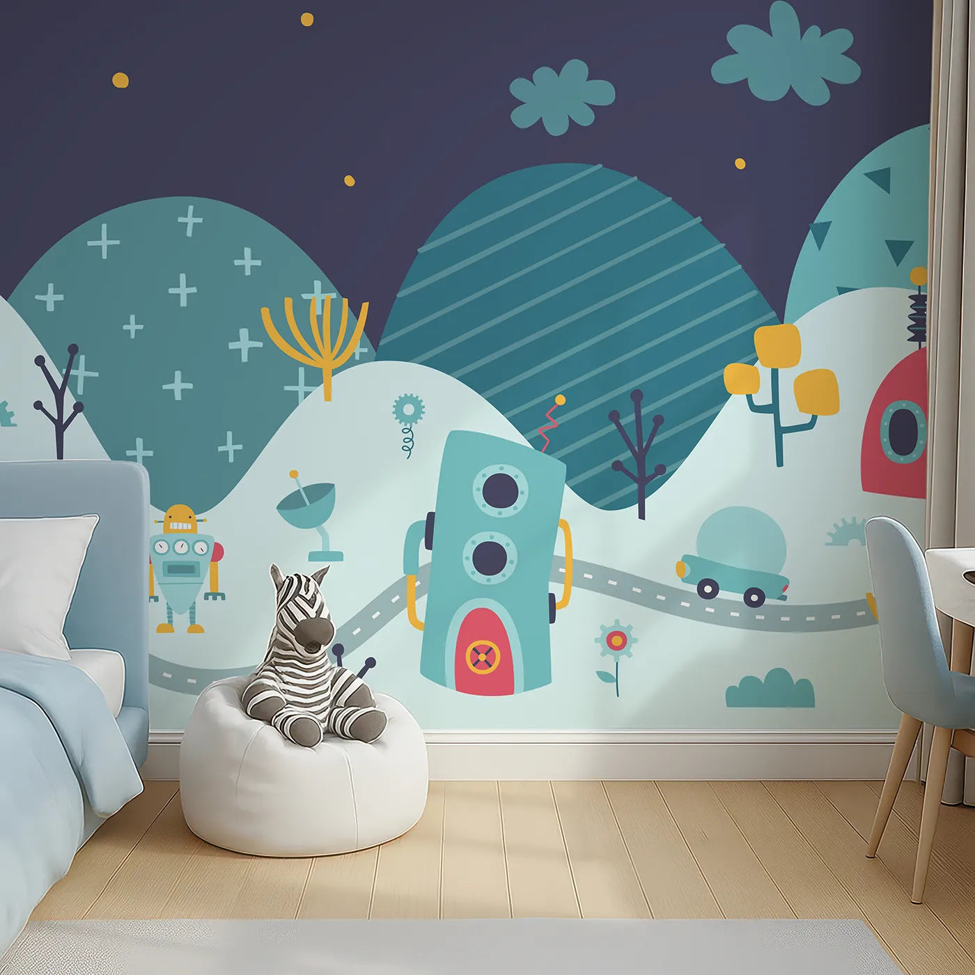 Top-down view of Whimsy Tots' Robot City Wall Mural (Turn Their Room into a Quirky, Futuristic Metropolis).Gender-Neutral