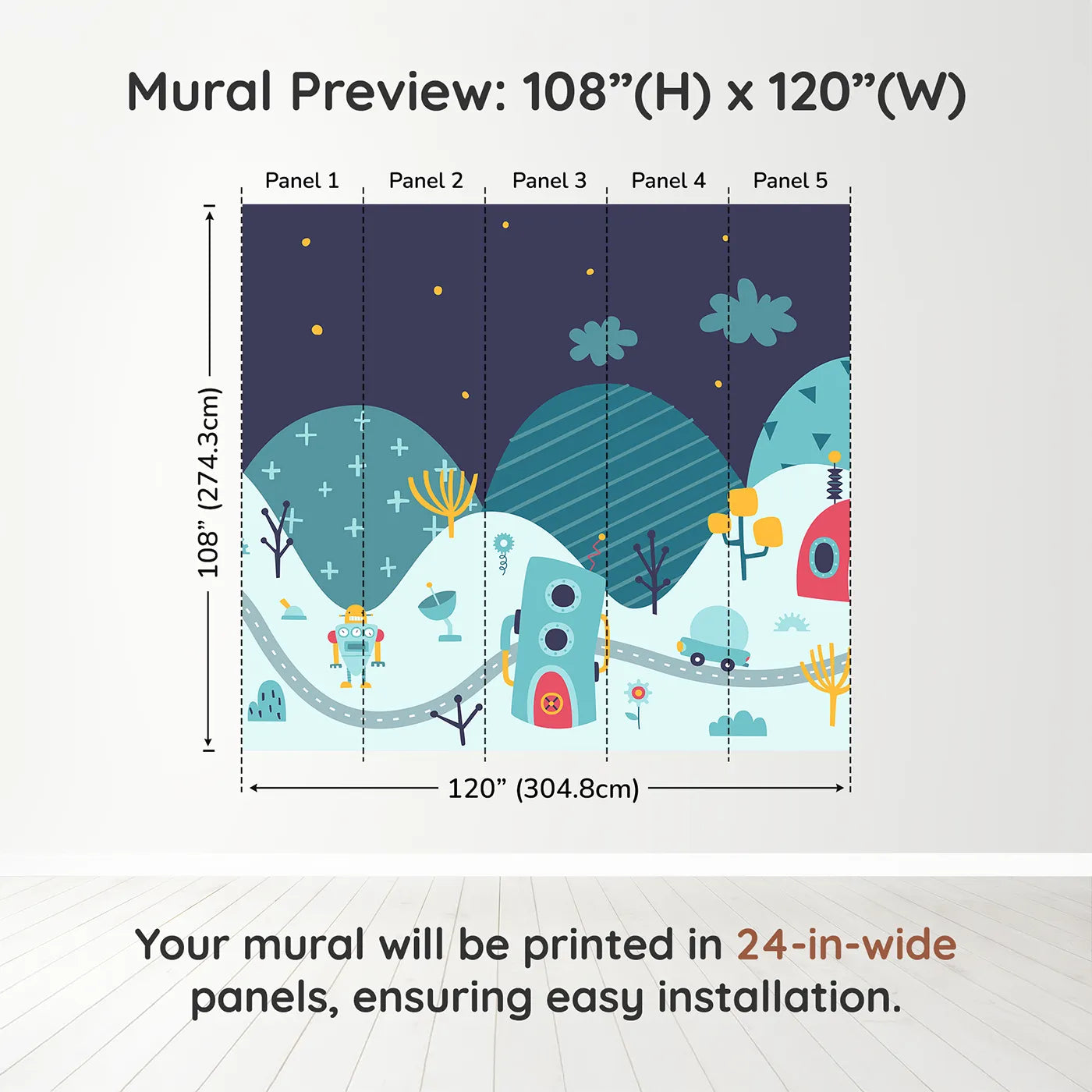 Whimsy Tots Robot City Wall Muraldimension view (108" H x 120" W). Printed in five 24-inch-wide panels. Gender-Neutral