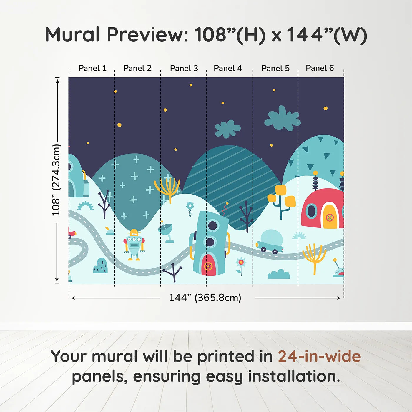 Whimsy Tots Robot City Wall Muraldimension view (108" H x 144" W). Printed in six 24-inch-wide panels. Gender-Neutral