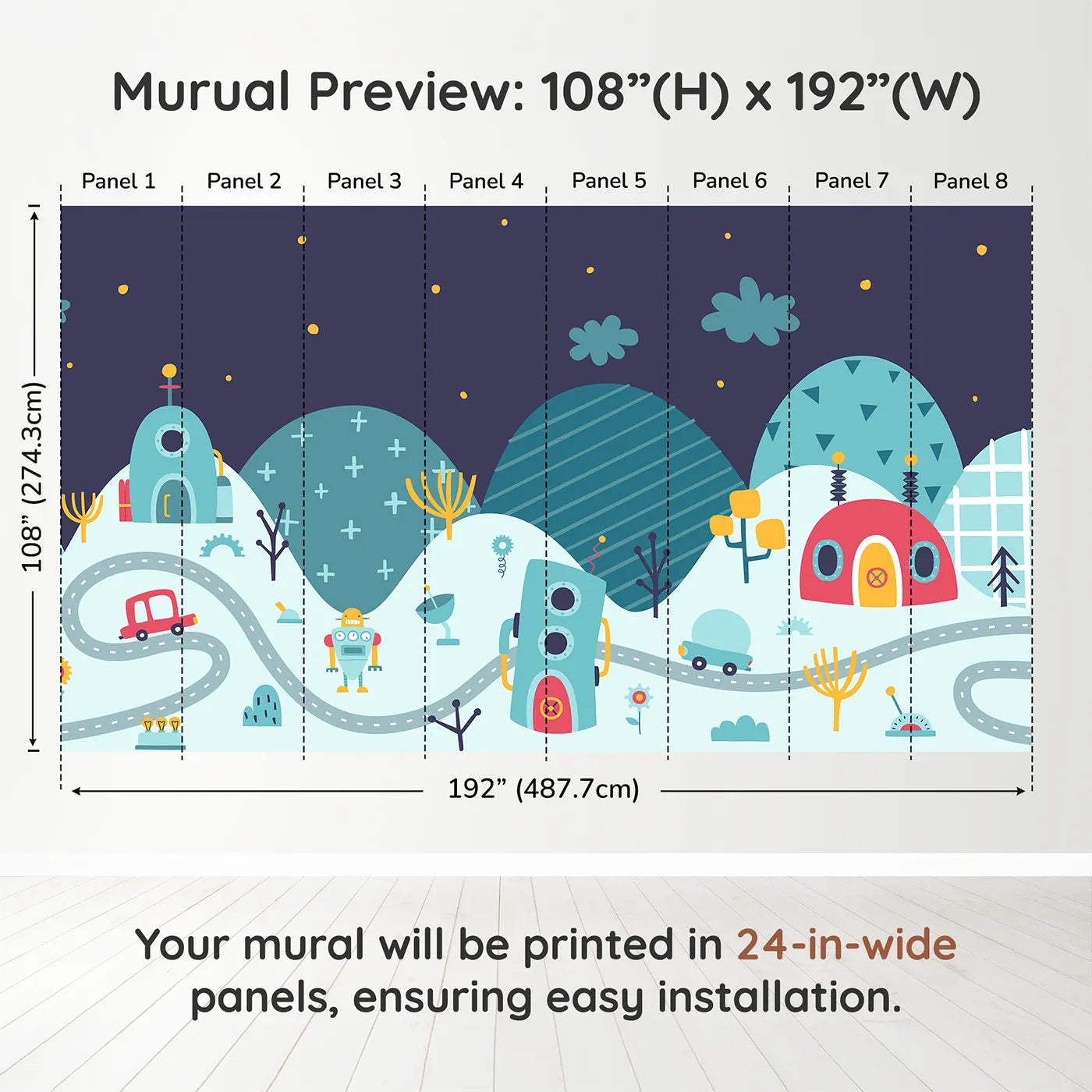 Whimsy Tots Robot City Wall Muraldimension view (108" H x 192" W). Printed in eight 24-inch-wide panels. Gender-Neutral