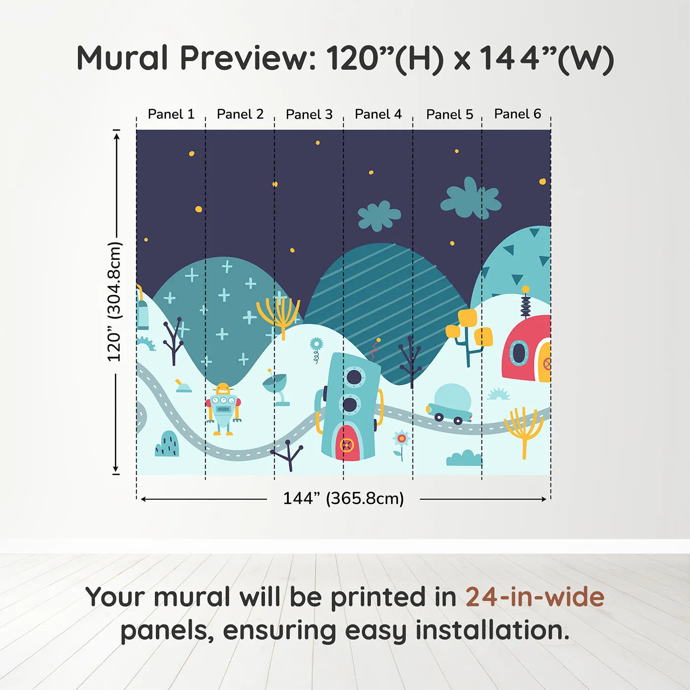 Whimsy Tots Robot City Wall Muraldimension view (120" H x 144" W). Printed in six 24-inch-wide panels. Gender-Neutral