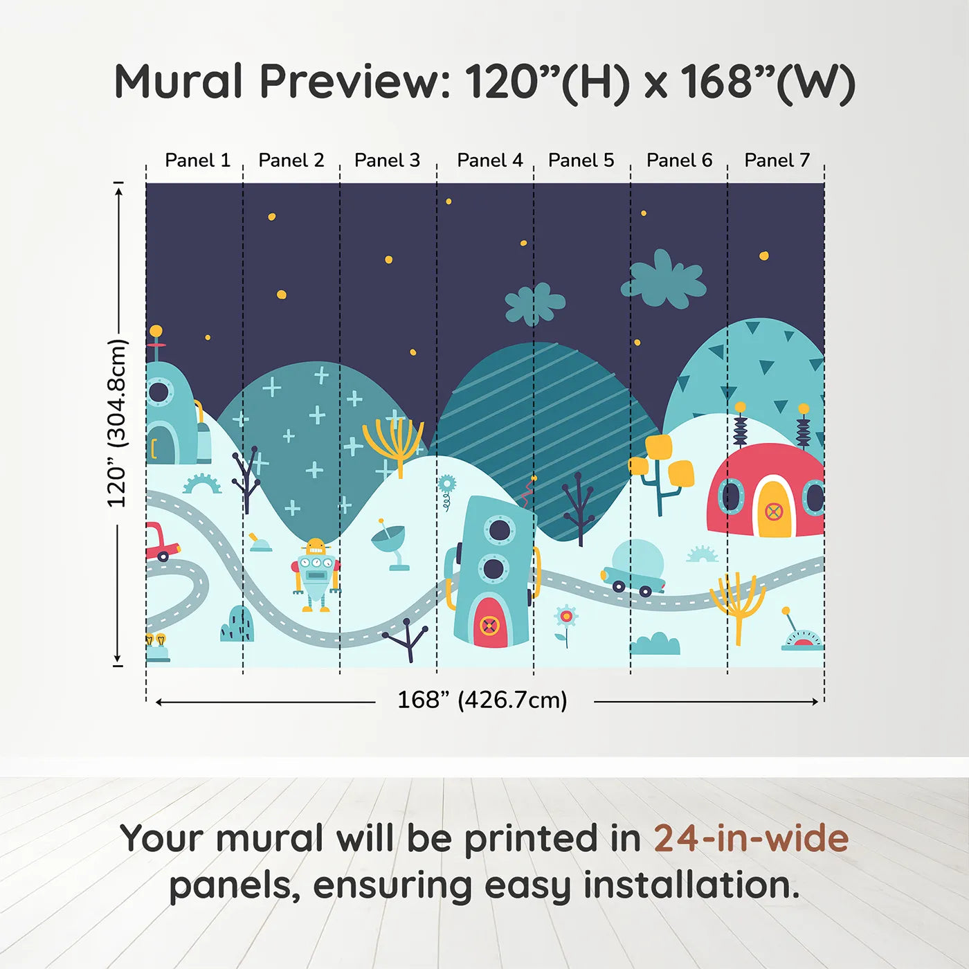 Whimsy Tots Robot City Wall Muraldimension view (120" H x 168" W). Printed in seven 24-inch-wide panels. Gender-Neutral