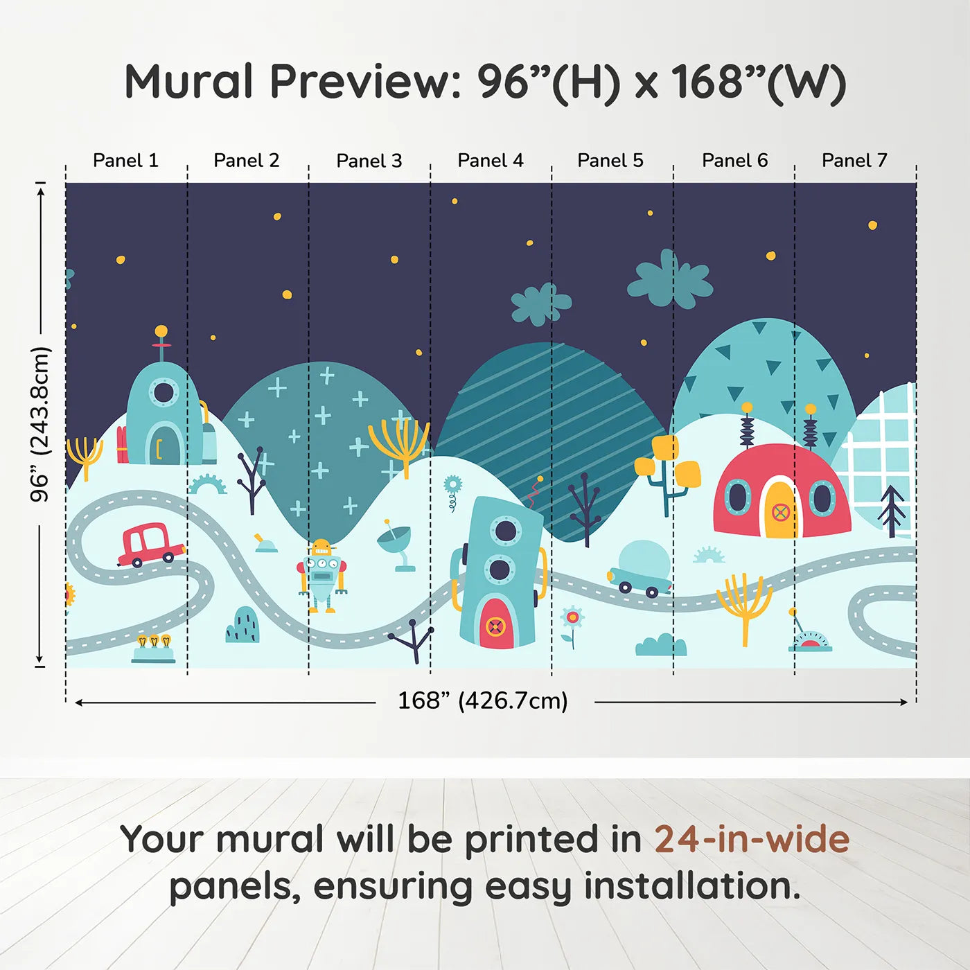 Whimsy Tots Robot City Wall Muraldimension view (96" H x 168" W). Printed in seven 24-inch-wide panels. Gender-Neutral