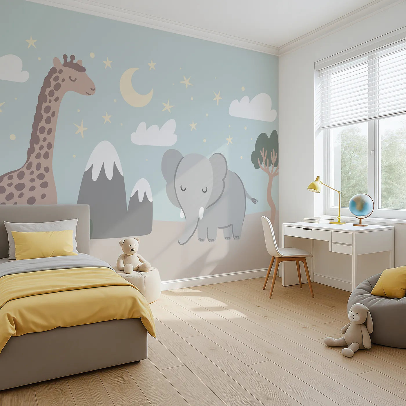 Angled view of Whimsy Tots' Safari Night Wall Mural (Turn Their Room into a Gentle, Starry African Night).Gender-Neutral