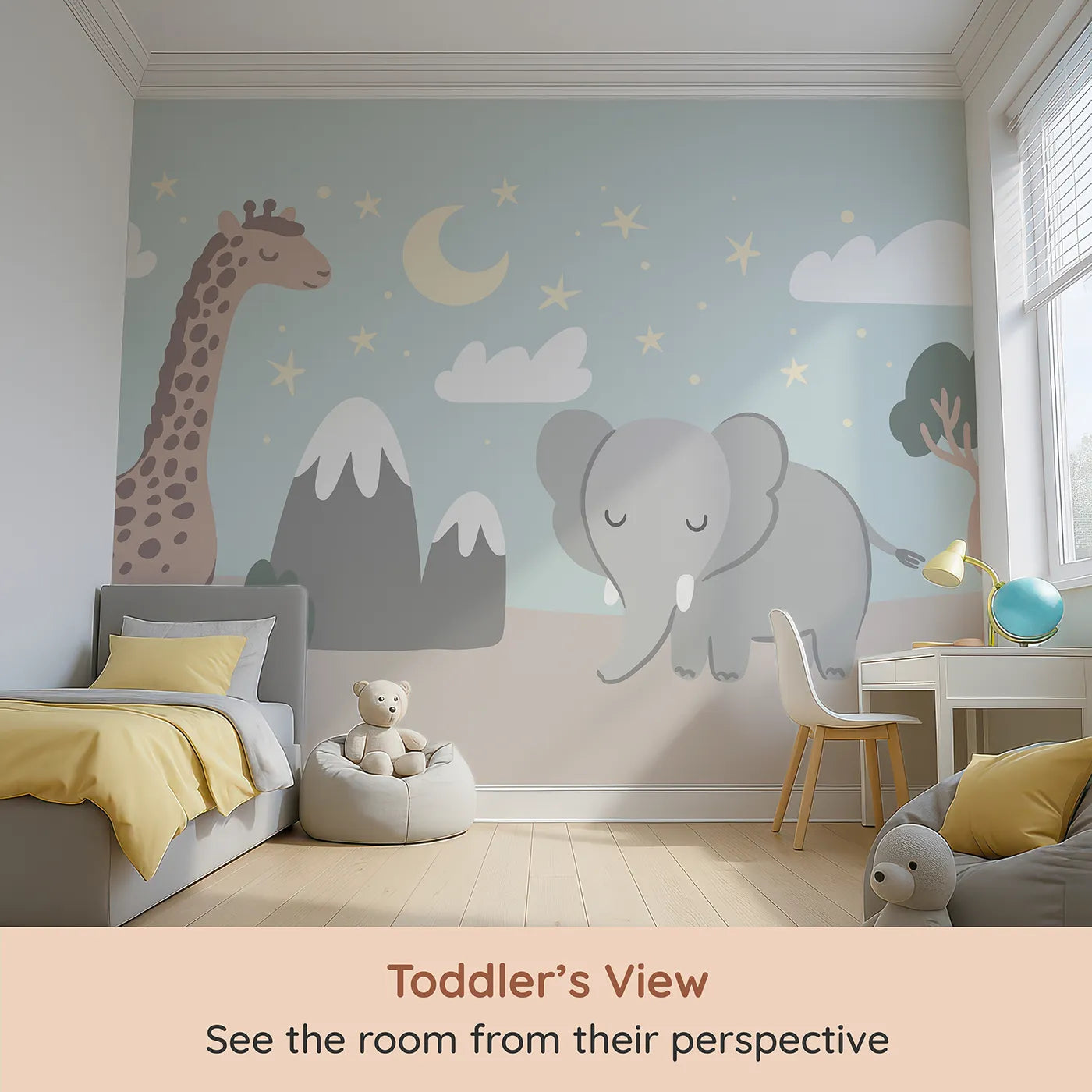 Whimsy Tots Safari Night Wall Mural (Turn Their Room into a Gentle, Starry African Night) from your child's view.Gender-Neutral