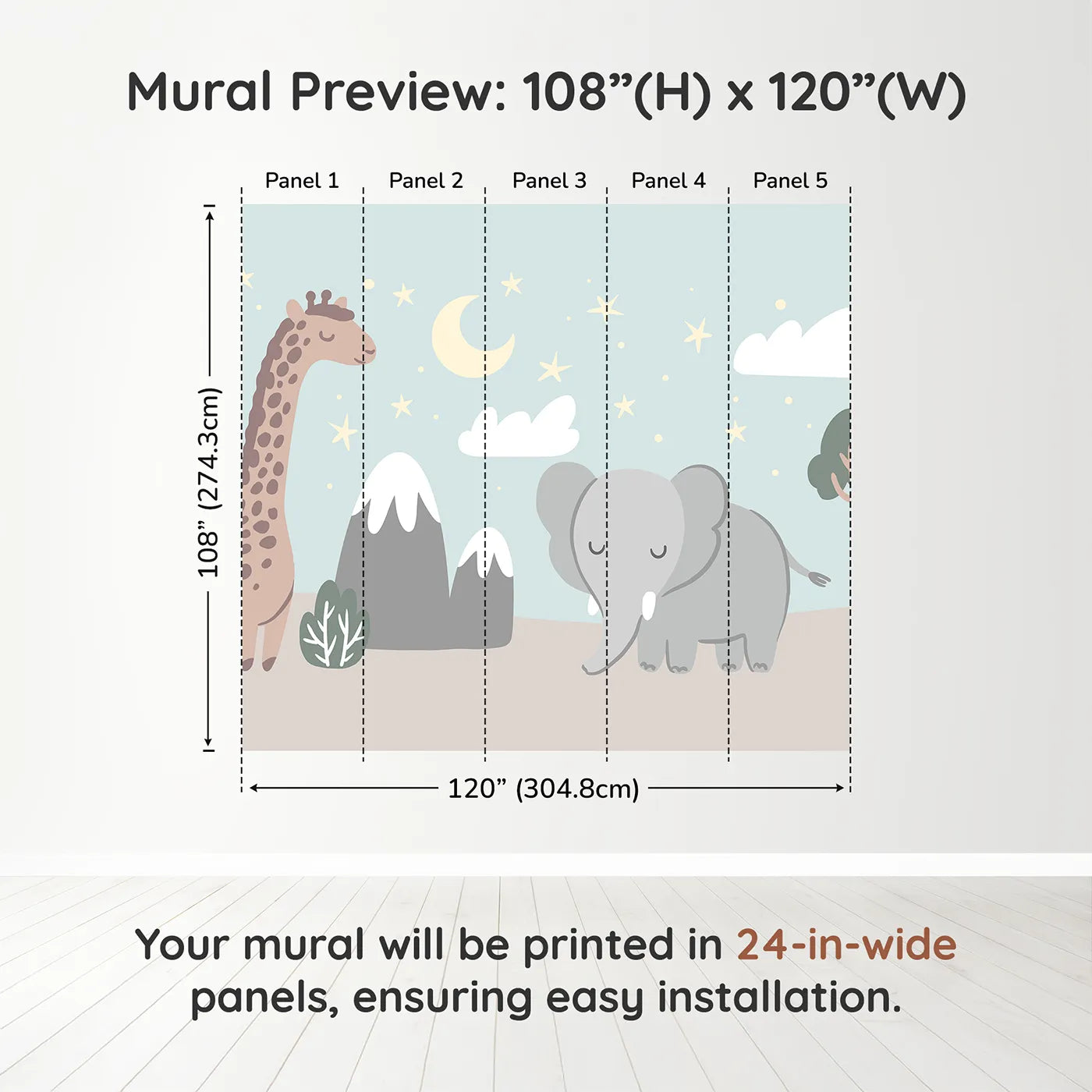 Whimsy Tots Safari Night Wall Muraldimension view (108" H x 120" W). Printed in five 24-inch-wide panels. Gender-Neutral