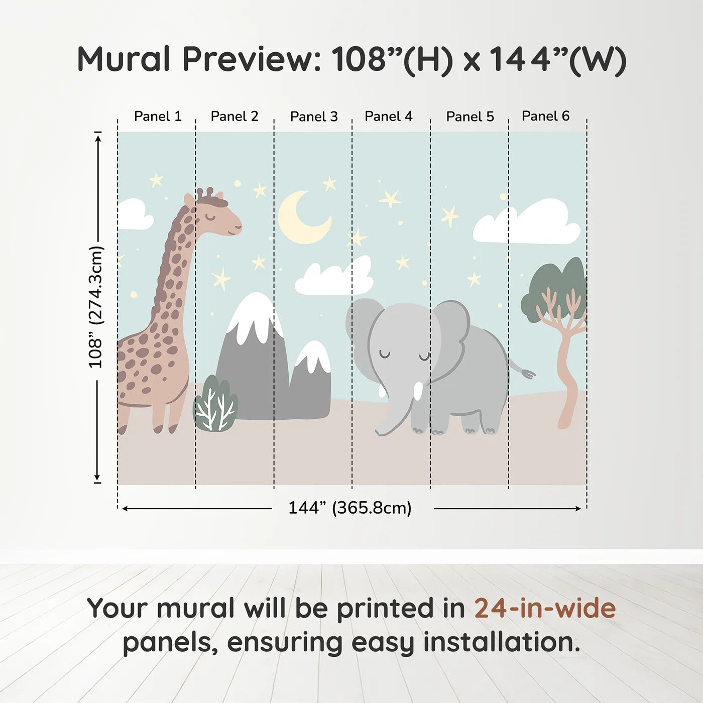 Whimsy Tots Safari Night Wall Muraldimension view (108" H x 144" W). Printed in six 24-inch-wide panels. Gender-Neutral
