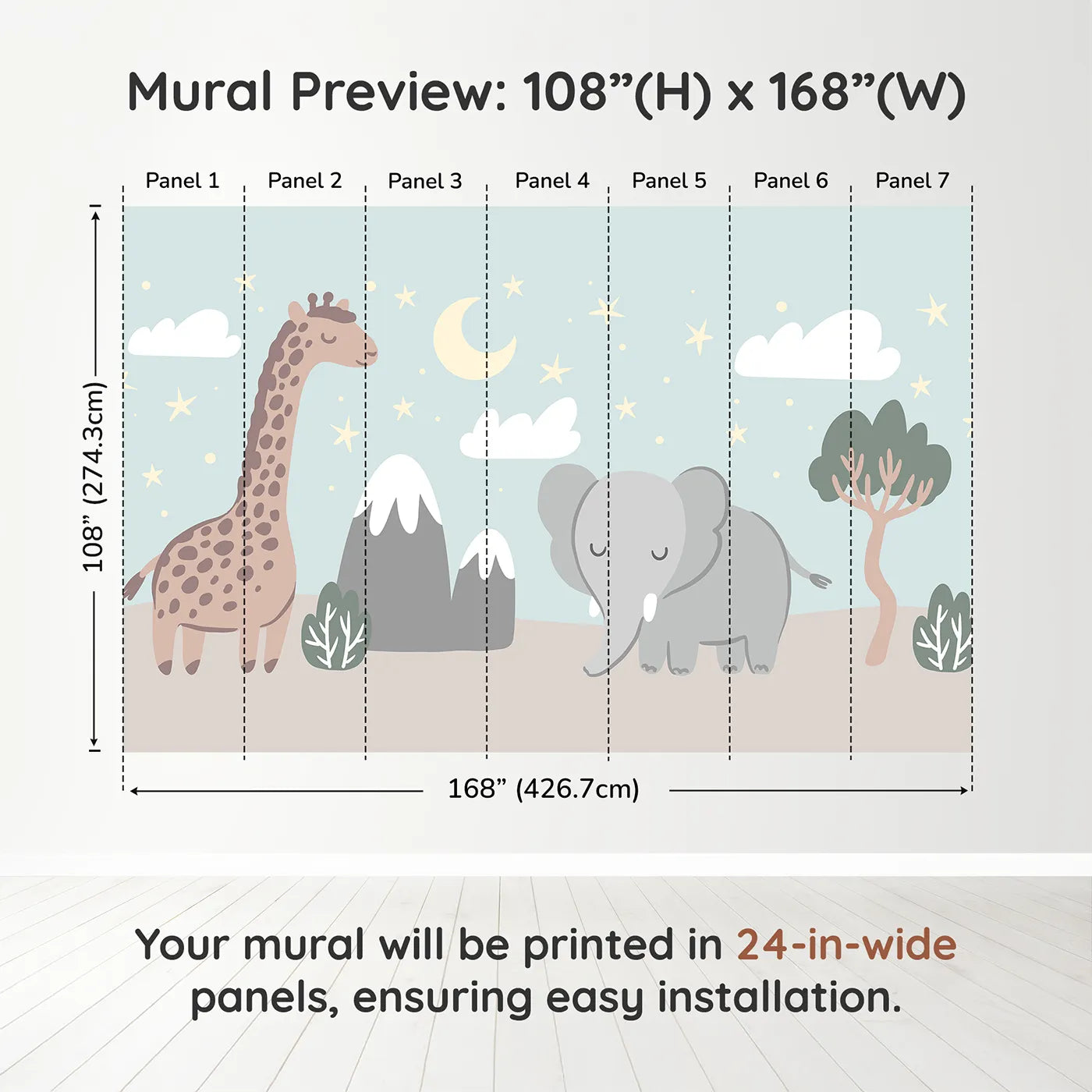Whimsy Tots Safari Night Wall Muraldimension view (108" H x 168" W). Printed in seven 24-inch-wide panels. Gender-Neutral