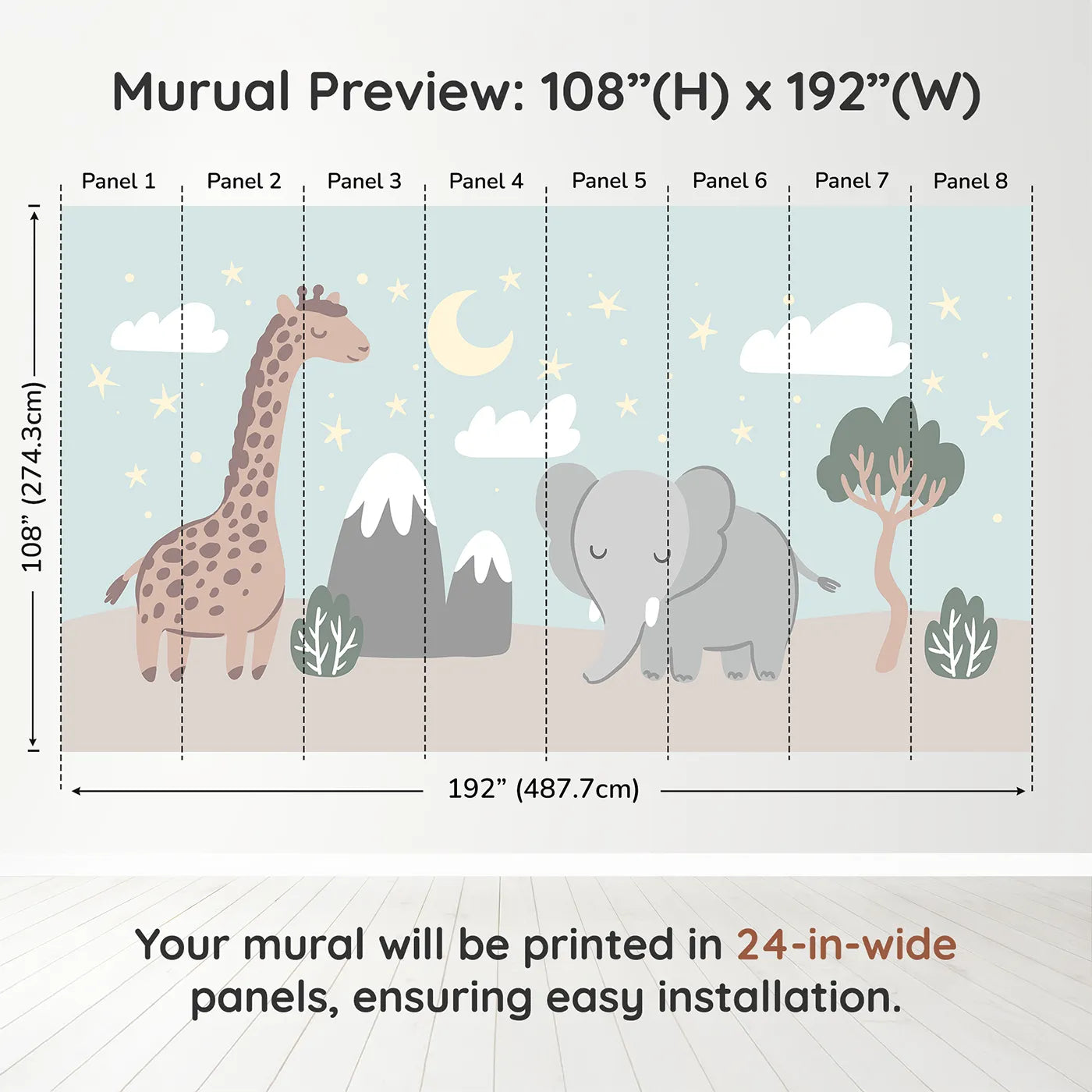 Whimsy Tots Safari Night Wall Muraldimension view (108" H x 192" W). Printed in eight 24-inch-wide panels. Gender-Neutral