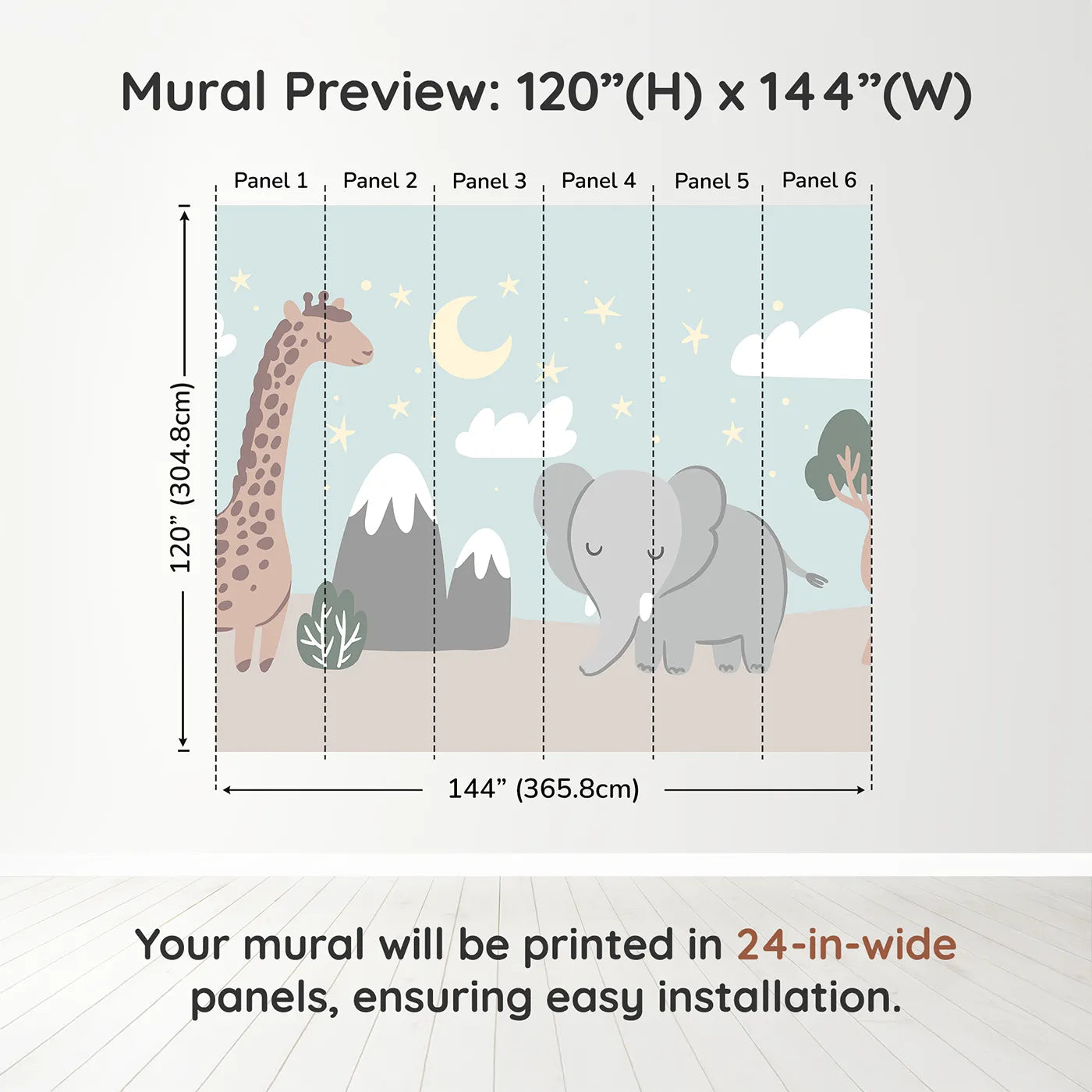 Whimsy Tots Safari Night Wall Muraldimension view (120" H x 144" W). Printed in six 24-inch-wide panels. Gender-Neutral