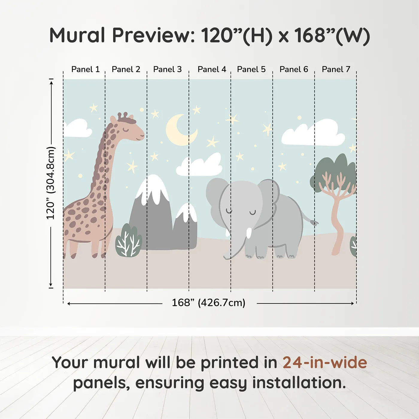 Whimsy Tots Safari Night Wall Muraldimension view (120" H x 168" W). Printed in seven 24-inch-wide panels. Gender-Neutral