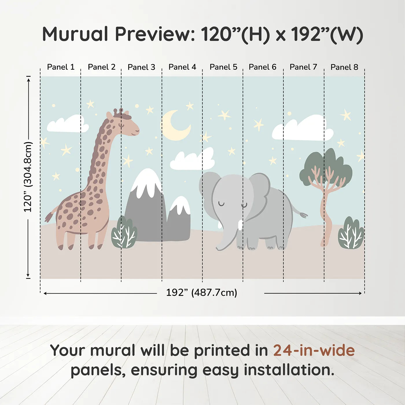 Whimsy Tots Safari Night Wall Muraldimension view (120" H x 192" W). Printed in eight 24-inch-wide panels. Gender-Neutral