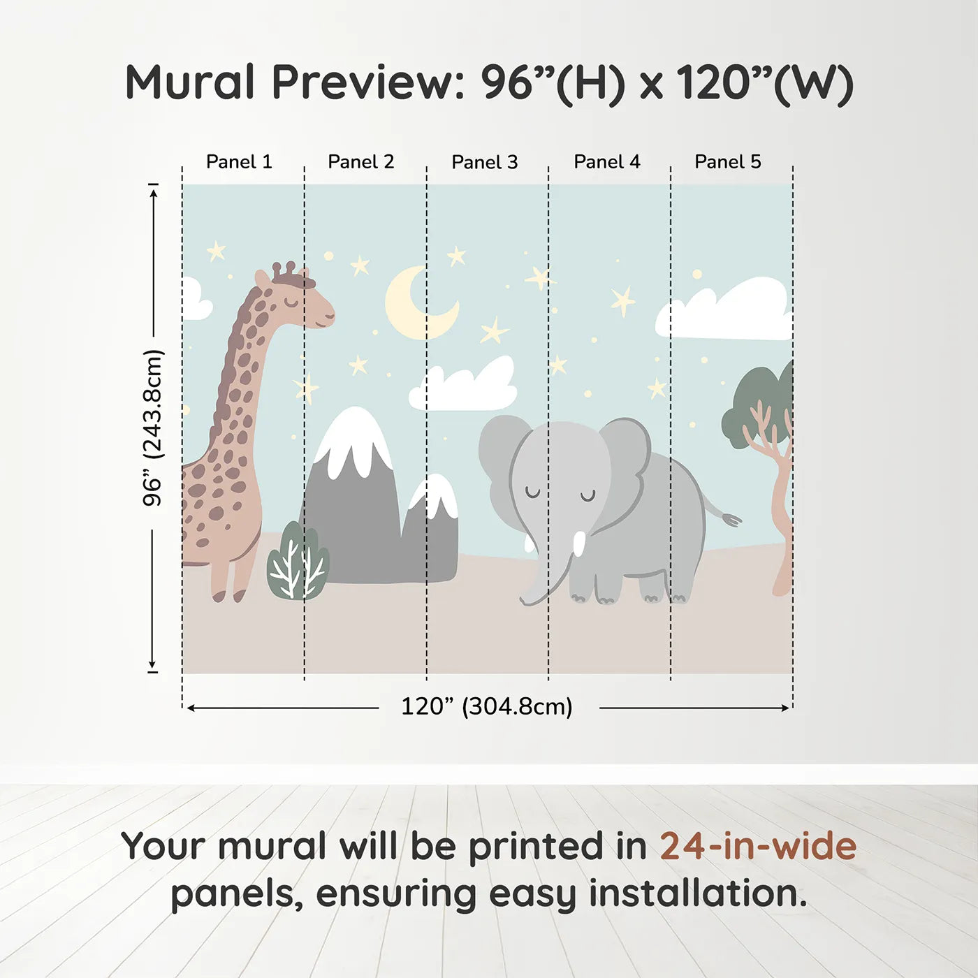 Whimsy Tots Safari Night Wall Muraldimension view (96" H x 120" W). Printed in five 24-inch-wide panels. Gender-Neutral