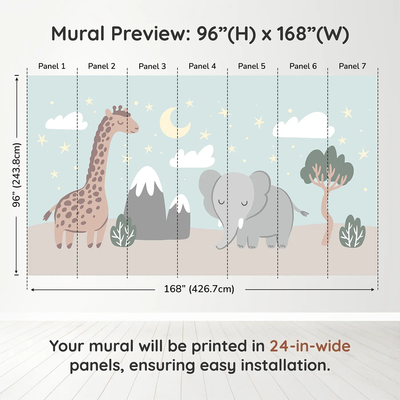 Whimsy Tots Safari Night Wall Muraldimension view (96" H x 168" W). Printed in seven 24-inch-wide panels. Gender-Neutral