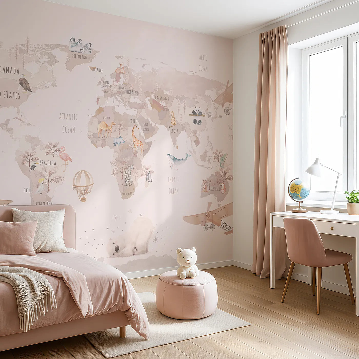 Angled view of Whimsy Tots' Watercolor World Adventure Wall Mural (Turn Their Room into a Dreamy, Hand-Painted Global Journey).Best for Girls