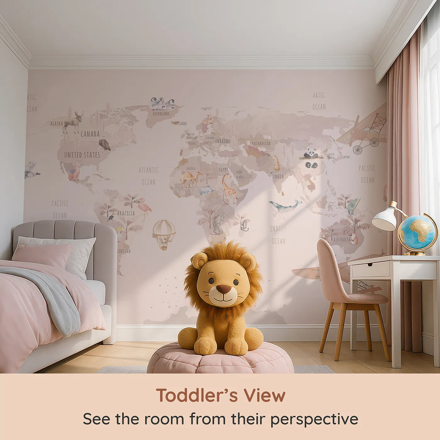 Whimsy Tots Watercolor World Adventure Wall Mural (Turn Their Room into a Dreamy, Hand-Painted Global Journey) from your child's view.Best for Girls