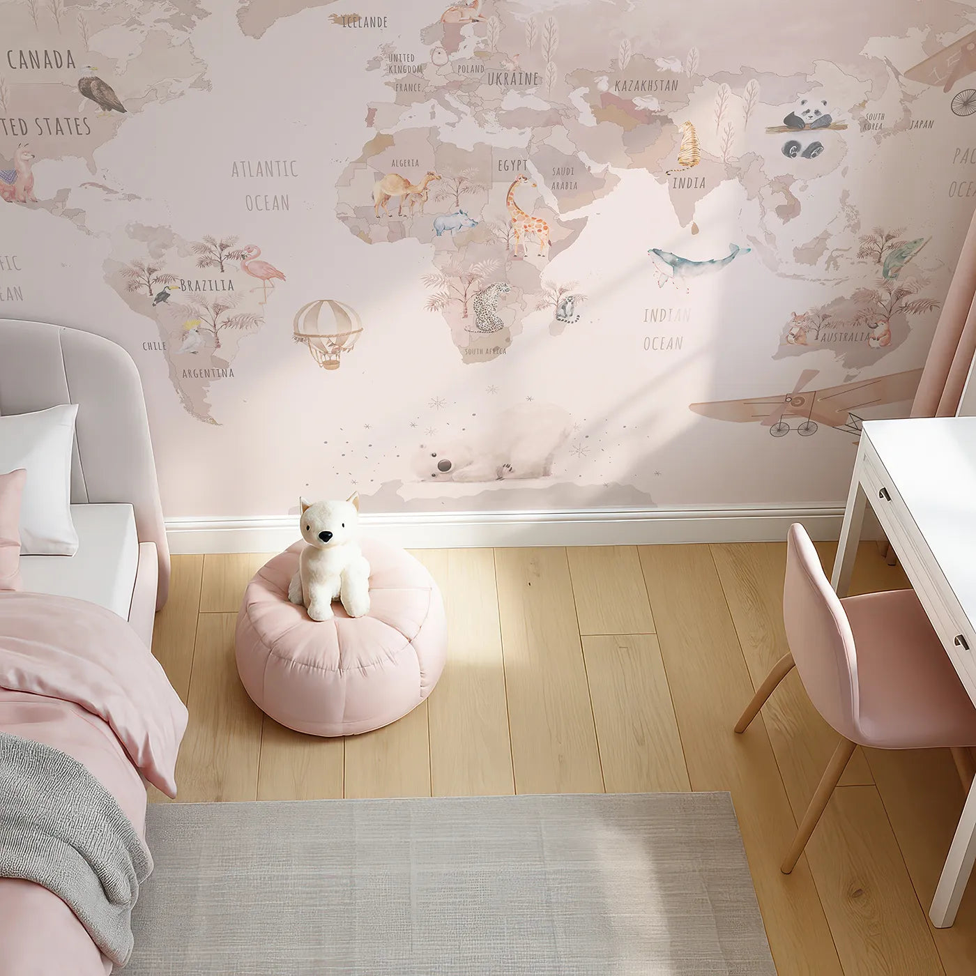 Top-down view of Whimsy Tots' Watercolor World Adventure Wall Mural (Turn Their Room into a Dreamy, Hand-Painted Global Journey).Best for Girls