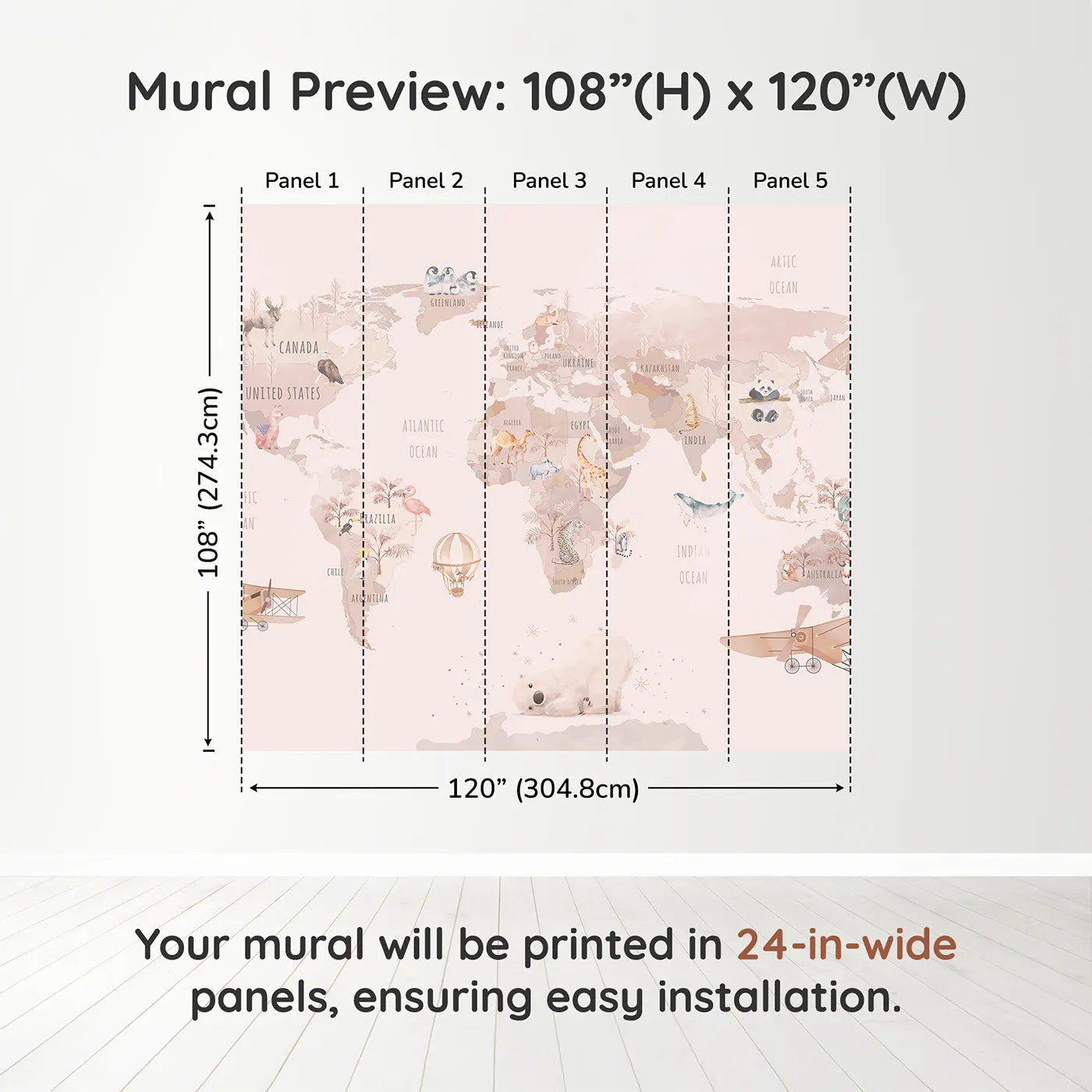 Whimsy Tots Watercolor World Adventure Wall Muraldimension view (108" H x 120" W). Printed in five 24-inch-wide panels. Best for Girls