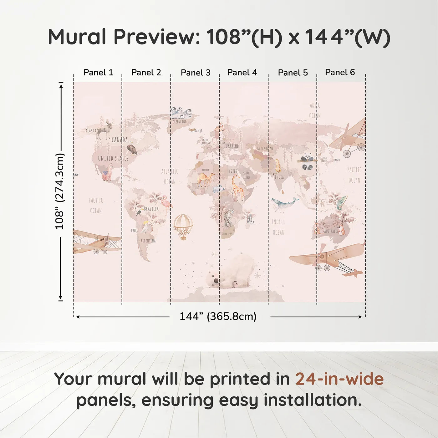 Whimsy Tots Watercolor World Adventure Wall Muraldimension view (108" H x 144" W). Printed in six 24-inch-wide panels. Best for Girls