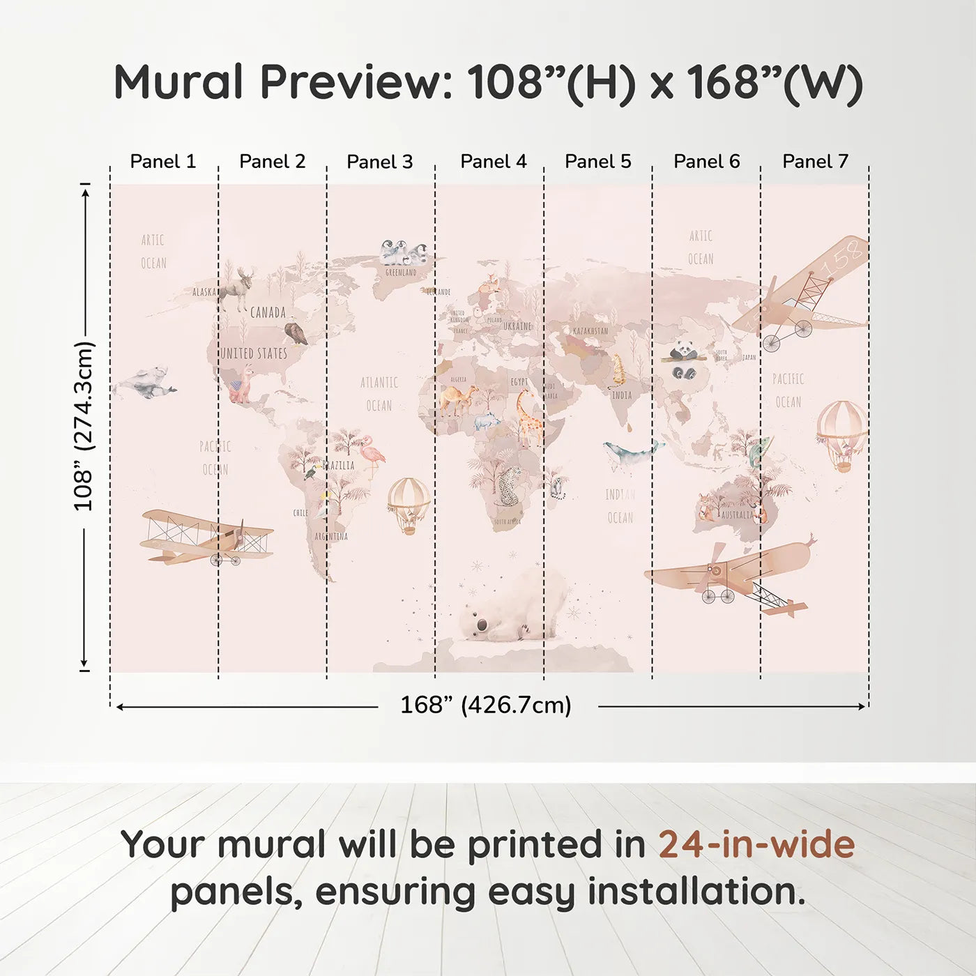 Whimsy Tots Watercolor World Adventure Wall Muraldimension view (108" H x 168" W). Printed in seven 24-inch-wide panels. Best for Girls