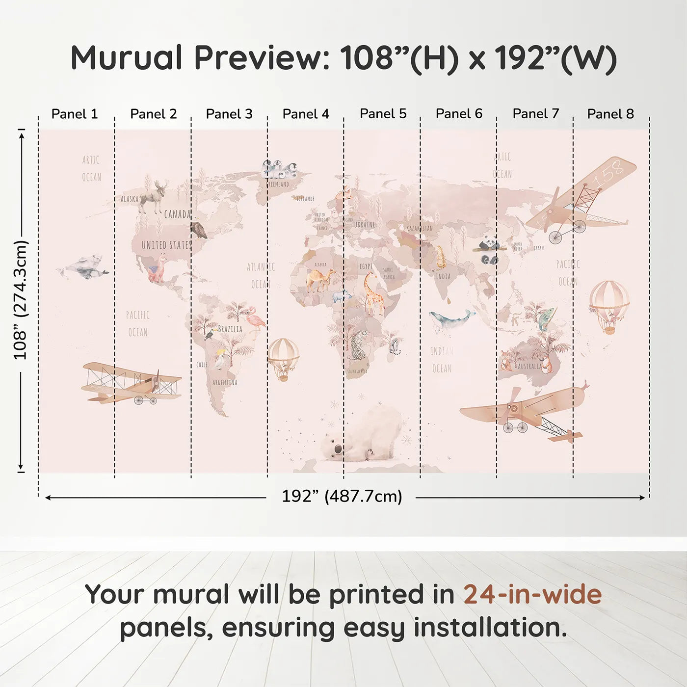Whimsy Tots Watercolor World Adventure Wall Muraldimension view (108" H x 192" W). Printed in eight 24-inch-wide panels. Best for Girls