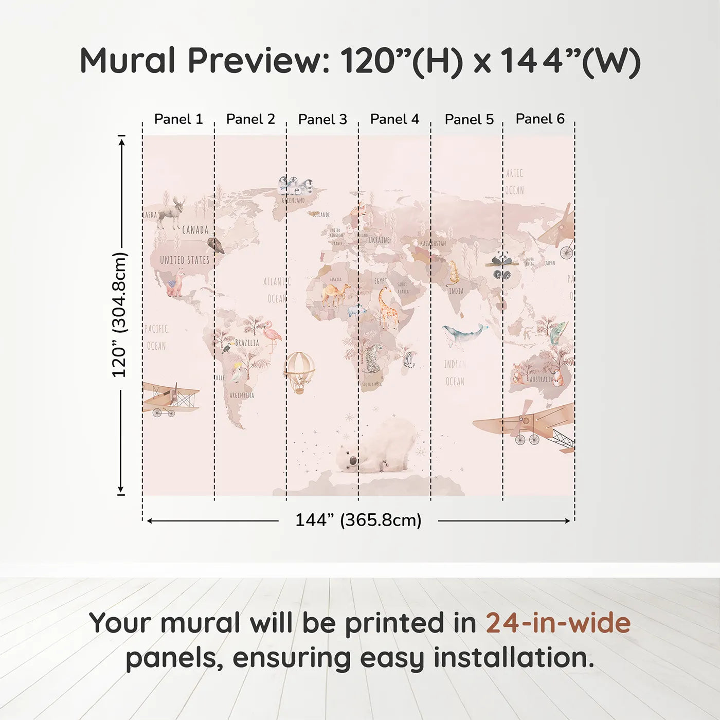 Whimsy Tots Watercolor World Adventure Wall Muraldimension view (120" H x 144" W). Printed in six 24-inch-wide panels. Best for Girls