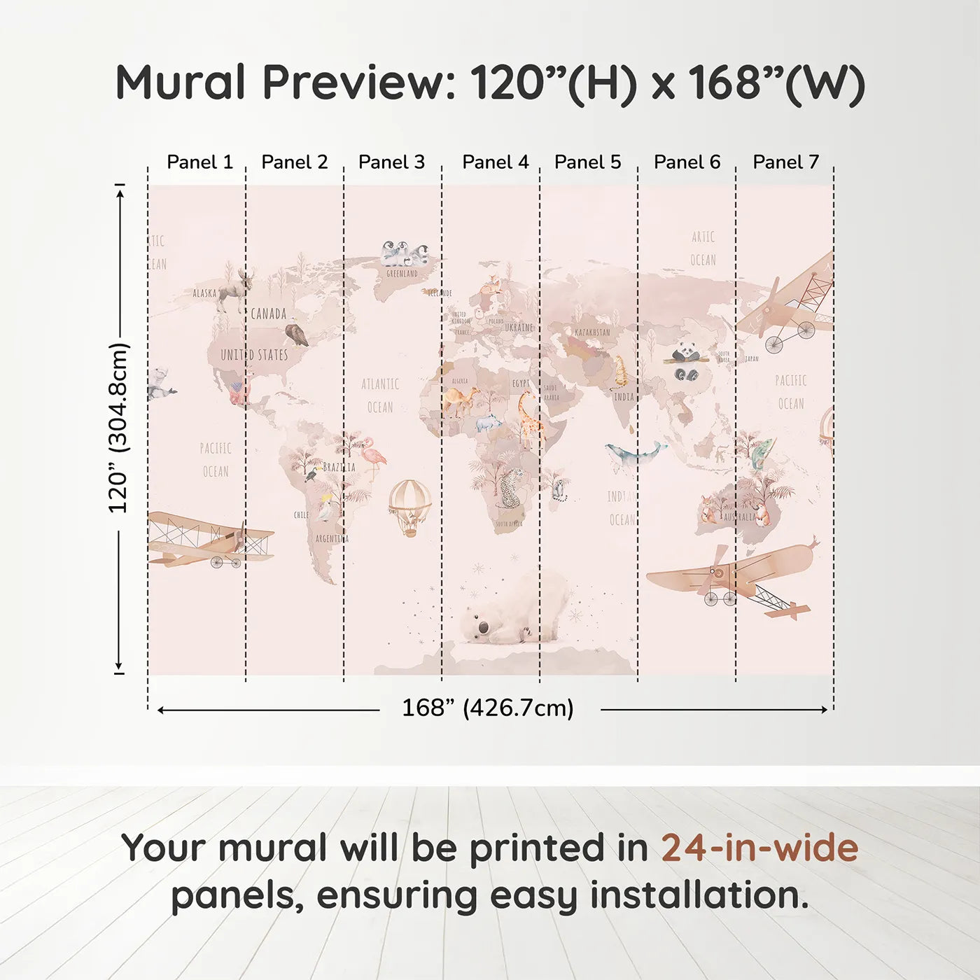 Whimsy Tots Watercolor World Adventure Wall Muraldimension view (120" H x 168" W). Printed in seven 24-inch-wide panels. Best for Girls